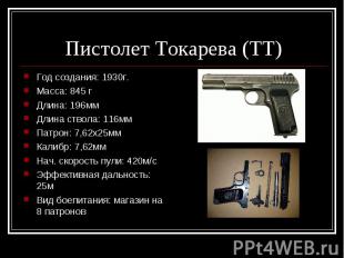 Пистолет Токарева (ТТ) Год создания: 1930г.Масса: 845 гДлина: 196ммДлина ствола: