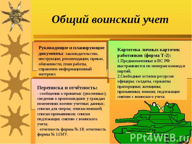 Общий воинский учет Руководящие и планирующие документы: законодательство, инструкции, рекомендации, приказ, обязанности, план работы, справочно-информационный материал.Картотека личных карточек работников (форма Т-2): 1.Предназначенные в ВС РФ выст…