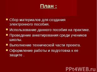 План : Сбор материалов для создания электронного пособия.Использование данного п