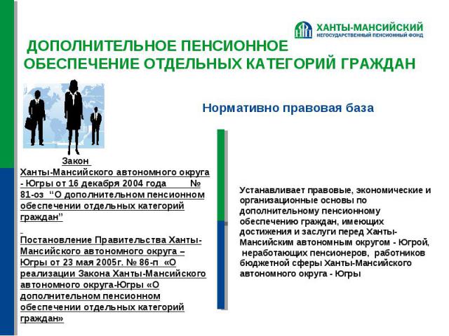 ДОПОЛНИТЕЛЬНОЕ ПЕНСИОННОЕ ОБЕСПЕЧЕНИЕ ОТДЕЛЬНЫХ КАТЕГОРИЙ ГРАЖДАННормативно правовая база Закон Ханты-Мансийского автономного округа - Югры от 16 декабря 2004 года № 81-оз “О дополнительном пенсионном обеспечении отдельных категорий граждан” Постано…