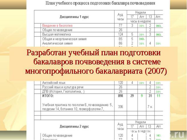 Разработан учебный план подготовки бакалавров почвоведения в системе многопрофильного бакалавриата (2007)