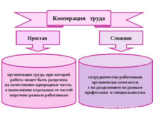 Кооперация труда Простая организация труда, при которой работа может быть разделена на качественно однородные части, а выполнение отдельных ее частей поручено разным работникам Сложнаясотрудничество работников органически сочетается с их разделением…