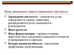 Фазы жизненного цикла социального института Зарождение института – появляется ус