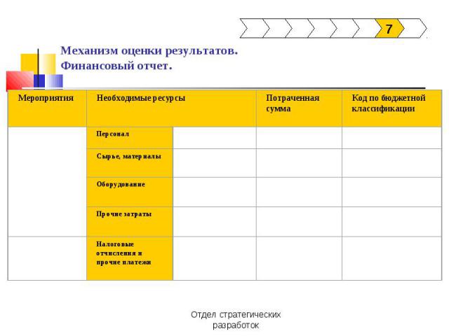 Механизм оценки результатов.Финансовый отчет.