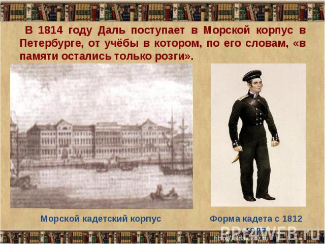 В 1814 году Даль поступает в Морской корпус в Петербурге, от учёбы в котором, по его словам, «в памяти остались только розги». Морской кадетский корпусФорма кадета с 1812 года
