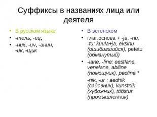 Суффиксы в названиях лица или деятеля В русском языке-тель, -ец, -ник, -ич, -ани