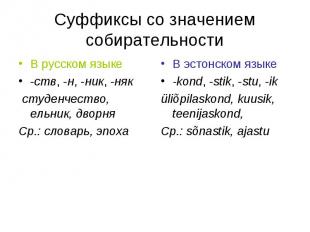 Суффиксы со значением собирательности В русском языке-ств, -н, -ник, -няк студен