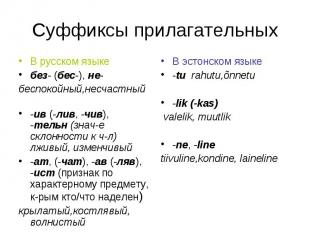 Суффиксы прилагательных В русском языкебез- (бес-), не- беспокойный,несчастный -