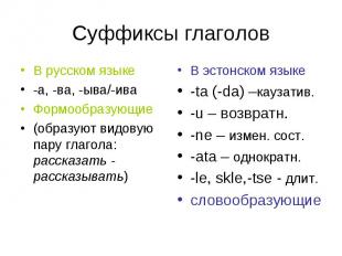 Суффиксы глаголов В русском языке-а, -ва, -ыва/-иваФормообразующие(образуют видо