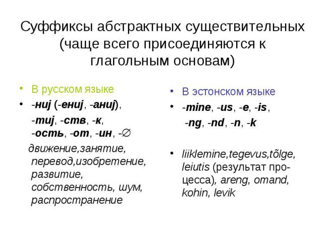 Cуффиксы абстрактных существительных(чаще всего присоединяются к глагольным основам) В русском языке-ниj (-ениj, -аниj), -тиj, -ств, -к, -ость, -от, -ин, - движение,занятие, перевод,изобретение, развитие, собственность, шум, распространение В эстонс…