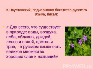 К.Паустовский, подчеркивая богатство русского языка, писал: « Для всего, что сущ