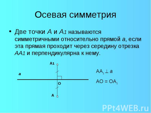 Две точки А и А1 называются симметричными относительно прямой а, если эта прямая проходит через середину отрезка АА1 и перпендикулярна к нему. Две точки А и А1 называются симметричными относительно прямой а, если эта прямая проходит через середину о…