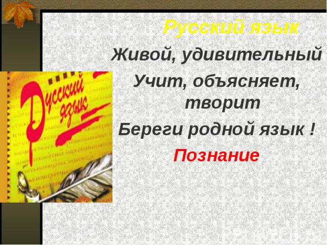 Живой, удивительныйУчит, объясняет, творитБереги родной язык !Познание