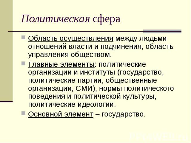 Политическая сфера Область осуществления между людьми отношений власти и подчинения, область управления обществом. Главные элементы: политические организации и институты (государство, политические партии, общественные организации, СМИ), нормы полити…