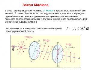 В 1809 году французский инженер Э. Малюс открыл закон, названный его именем. В о