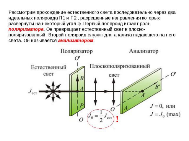 Рассмотрим прохождение естественного света последовательно через два идеальных поляроида П1 и П2 , разрешенные направления которых развернуты на некоторый угол φ. Первый поляроид играет роль поляризатора. Он превращает естественный свет в плоско-пол…