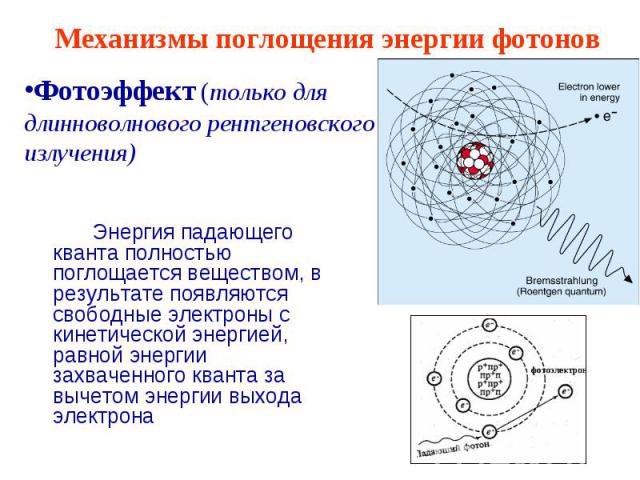 Механизмы поглощения энергии фотонов Фотоэффект (только для длинноволнового рентгеновского излучения) Энергия падающего кванта полностью поглощается веществом, в результате появляются свободные электроны с кинетической энергией, равной энергии захва…