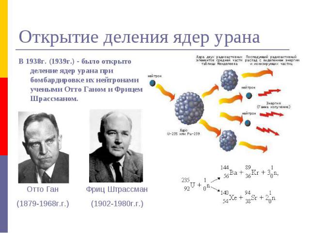 Открытие деления ядер урана В 1938г. (1939г.) - было открыто деление ядер урана при бомбардировке их нейтронами учеными Отто Ганом и Фрицем Шрассманом. Фриц Штрассман(1902-1980г.г.) Отто Ган(1879-1968г.г.)