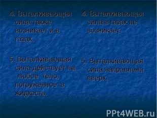 4. Выталкивающая сила также возникает и в газах. 5. Выталкивающая сила действует