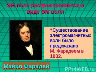 ЭМ поле распространяется в виде ЭМ волн Существование электромагнитных волн было