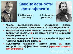 Закономерности фотоэффекта Р.Э.Милликен(1886-1953) А. Г. Столетов(1839-1896) Чис