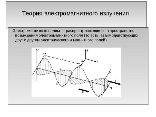 Теория электромагнитного излучения. Электромагнитные волны — распространяющиеся в пространстве возмущения электромагнитного поля (то есть, взаимодействующих друг с другом электрического и магнитного полей).