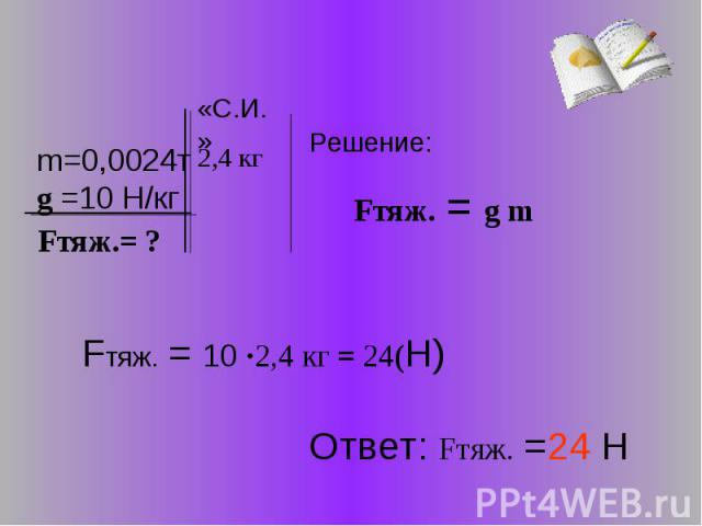Решение: m=0,0024тg =10 Н/кг Fтяж. = 10 ·2,4 кг = 24(Н) Ответ: Fтяж. =24 Н