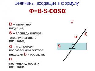 Величины, входящие в формулу Ф=В·S·cosα n В – магнитная индукция, S – площадь ко