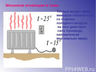 Механизм конвекции в газах Теплый воздух имеет меньшую плотность и со стороны хо