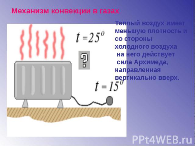 Механизм конвекции в газах Теплый воздух имеет меньшую плотность и со стороны холодного воздуха на него действует сила Архимеда, направленная вертикально вверх.