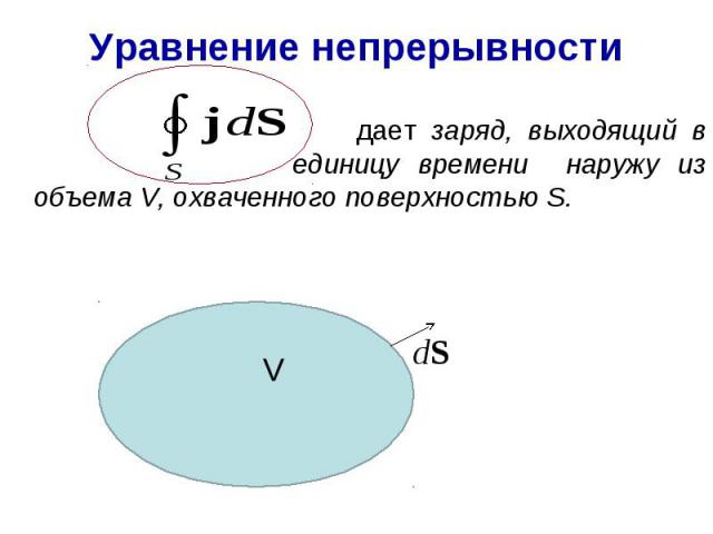 Уравнение непрерывности дает заряд, выходящий в единицу времени наружу из объема V, охваченного поверхностью S.