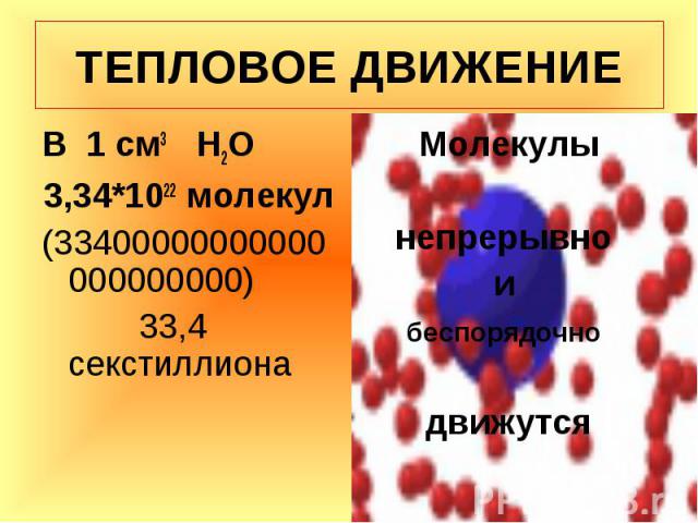 ТЕПЛОВОЕ ДВИЖЕНИЕВ 1 см3 Н2О3,34*1022 молекул(33400000000000000000000) 33,4 секстиллиона