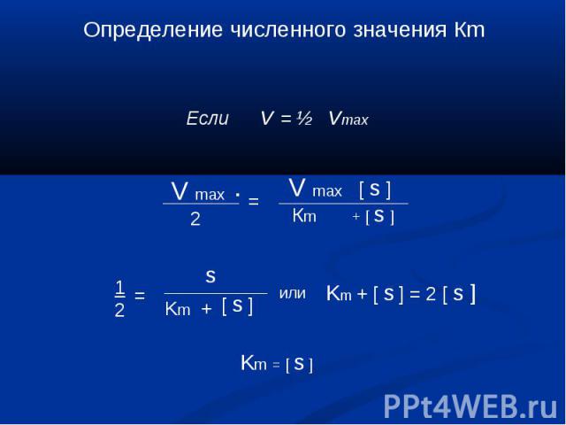 Определение численного значения Кm Если v = ½ vmax