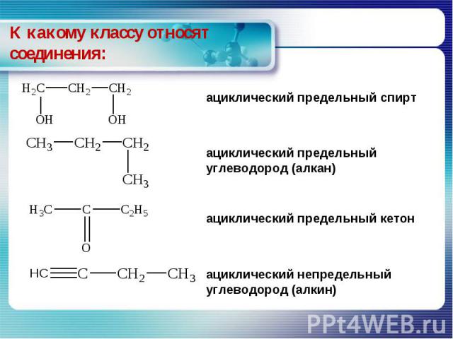 К какому классу относят соединения: ациклический предельный спирт ациклический предельный углеводород (алкан) ациклический предельный кетон ациклический непредельный углеводород (алкин)