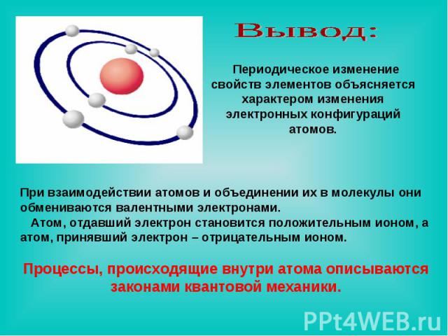 Вывод: Периодическое изменение свойств элементов объясняется характером изменения электронных конфигураций атомов. При взаимодействии атомов и объединении их в молекулы они обмениваются валентными электронами. Атом, отдавший электрон становится поло…