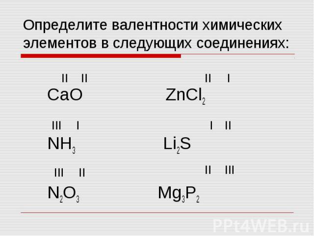 Определите валентности химических элементов в следующих соединениях:
