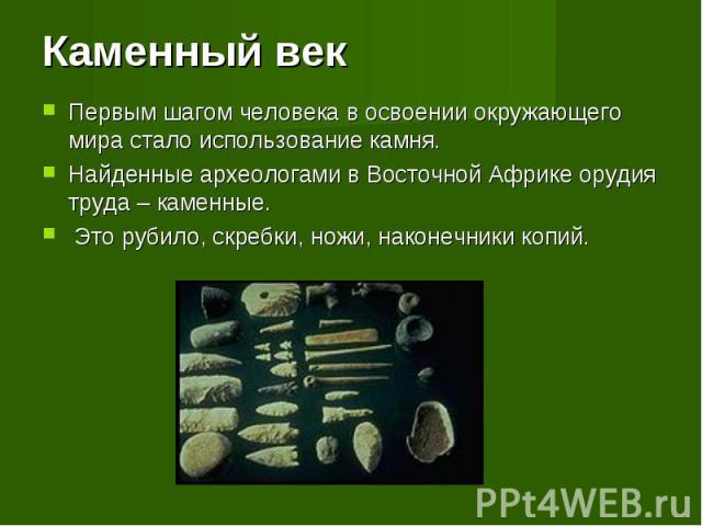 Первым шагом человека в освоении окружающего мира стало использование камня. Найденные археологами в Восточной Африке орудия труда – каменные. Это рубило, скребки, ножи, наконечники копий.
