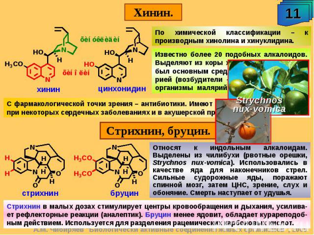 По химической классификации – к производным хинолина и хинуклидина. Известно более 20 подобных алкалоидов. Выделяют из коры хинного дерева. Хинин был основным средством борьбы с маля-рией (возбудители – простейшие микро-организмы малярийные плазмоди…