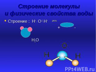 Строение молекулы и физические свойства воды Строение : Н+_ О-2_ Н+ диполь + - Н