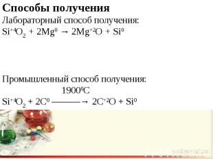 Способы полученияЛабораторный способ получения:Si+4O2 + 2Mg0 → 2Mg+2O + Si0Промы