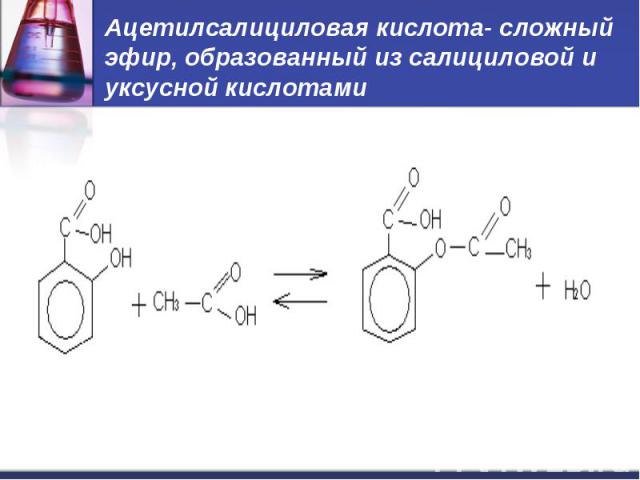 Ацетилсалициловая кислота- сложный эфир, образованный из салициловой и уксусной кислотами