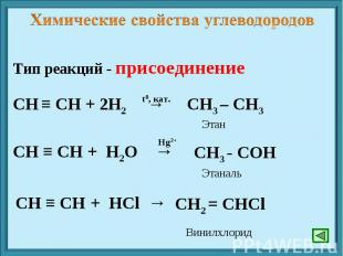 Химические свойства углеводородов Тип реакций - присоединение СН ≡ СН + 2Н2 → СН