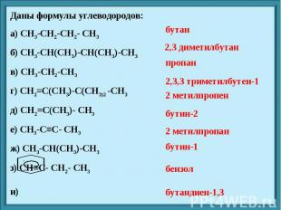 Даны формулы углеводородов: а) CH3-CH2-CH2- CH3 б) CH3-CH(CH3)-CH(CH3)-CH3 в) CH