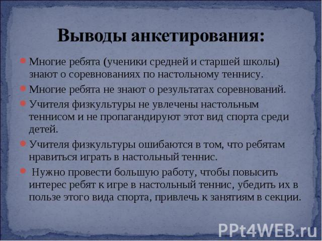 Многие ребята (ученики средней и старшей школы) знают о соревнованиях по настольному теннису.Многие ребята не знают о результатах соревнований.Учителя физкультуры не увлечены настольным теннисом и не пропагандируют этот вид спорта среди детей.Учител…