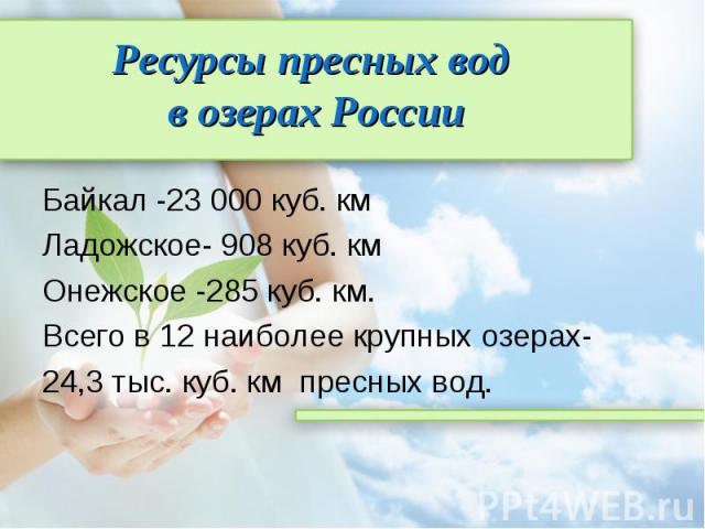 Ресурсы пресных вод в озерах России Байкал -23 000 куб. кмЛадожское- 908 куб. км Онежское -285 куб. км. Всего в 12 наиболее крупных озерах-24,3 тыс. куб. км пресных вод.