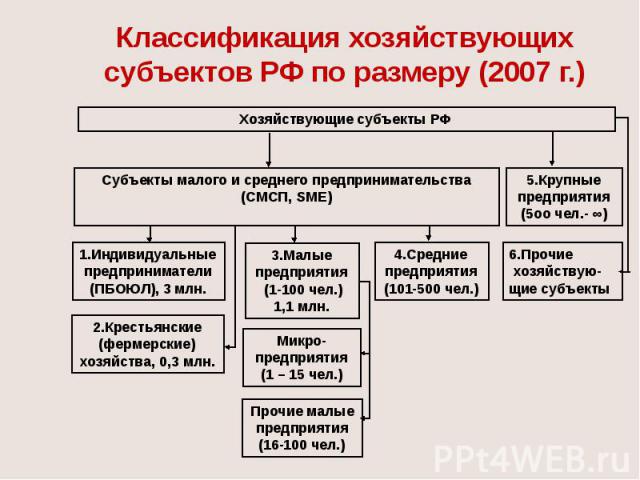 Классификация хозяйствующих субъектов РФ по размеру (2007 г.)