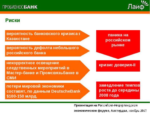 Риски вероятность банковского кризиса в Казахстане вероятность дефолта небольшого российского банка некорректное освещение следственных мероприятий в Мастер-банке и Промсвязьбанке в СМИ потери мировой экономики составят, по данным DeutscheBank, $100…