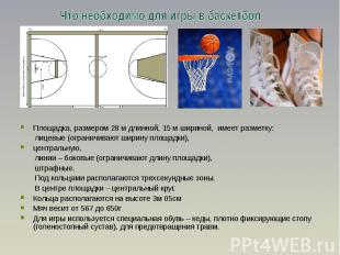 Что необходимо для игры в баскетбол Площадка, размером 28 м длинной, 15 м ширино