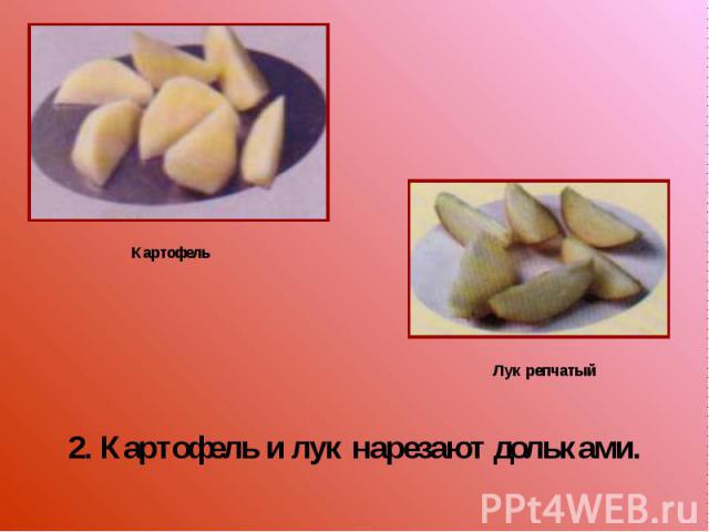 Картофель Лук репчатый 2. Картофель и лук нарезают дольками.