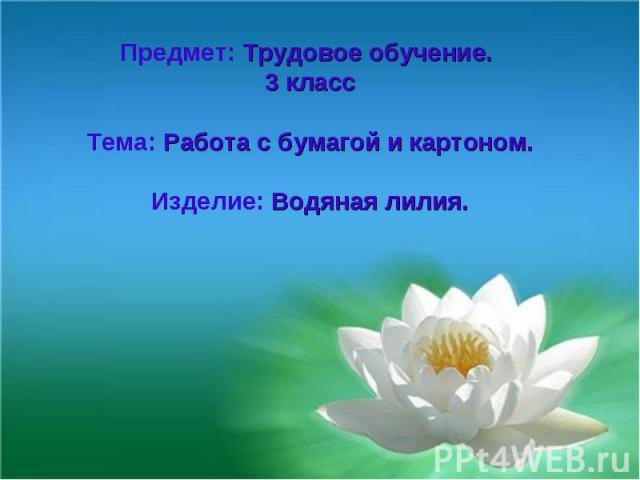 Предмет: Трудовое обучение. 3 классТема: Работа с бумагой и картоном.Изделие: Водяная лилия.